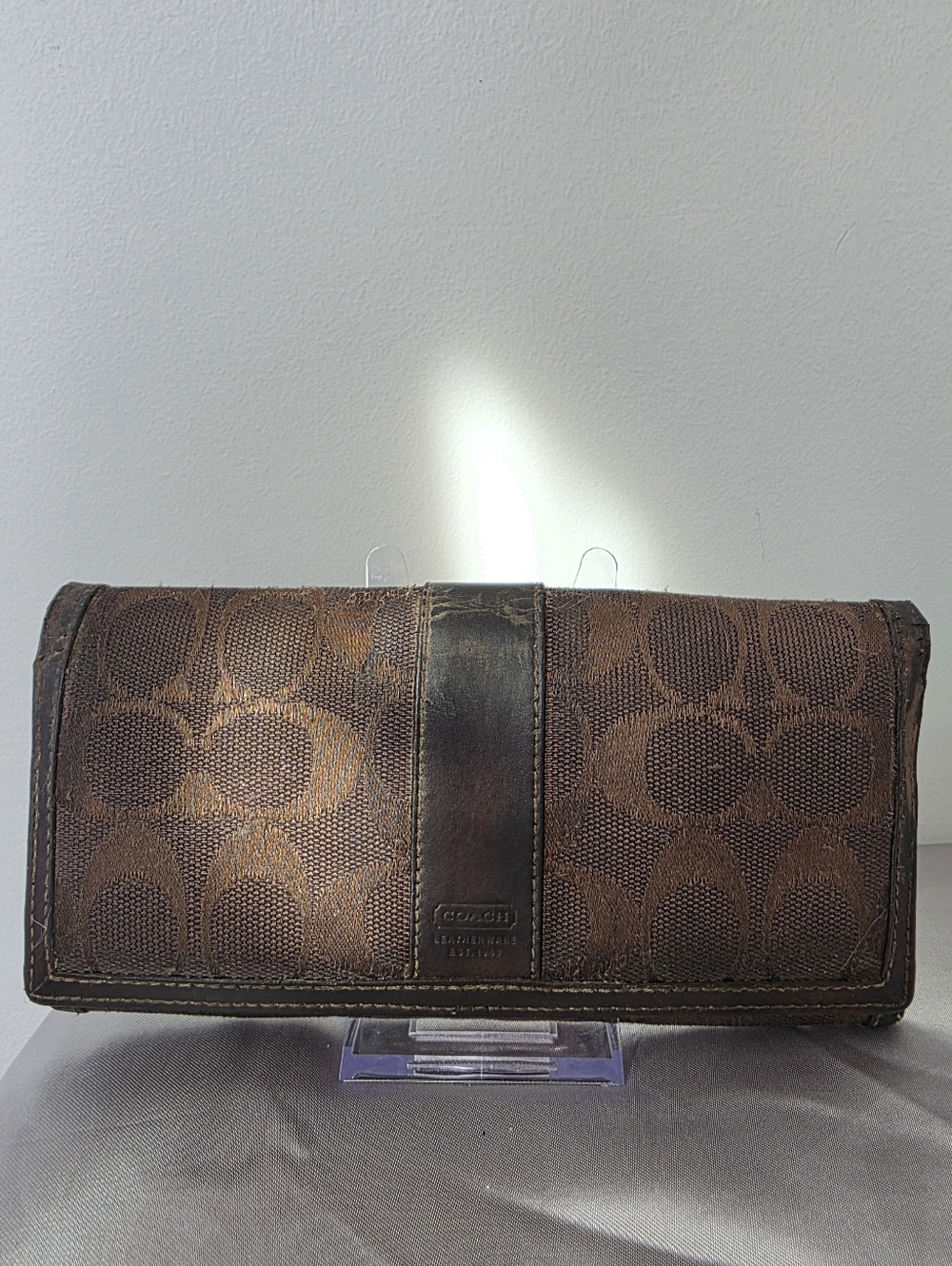 Upcycled Signature Canvas Trifold Wallet Brown Leather Trim Vintage AS IS